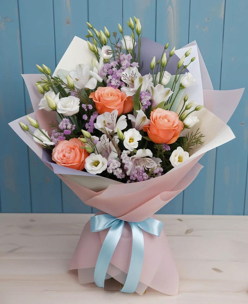 Букет цветов из: Лизиантусы, Розы, Альстромерии и Гипсофила в Электростали