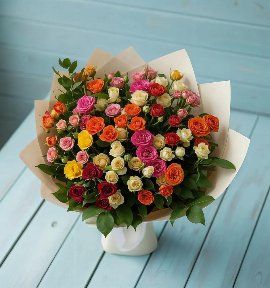 Букет Микс из разноцветных кустовых роз в Электростали