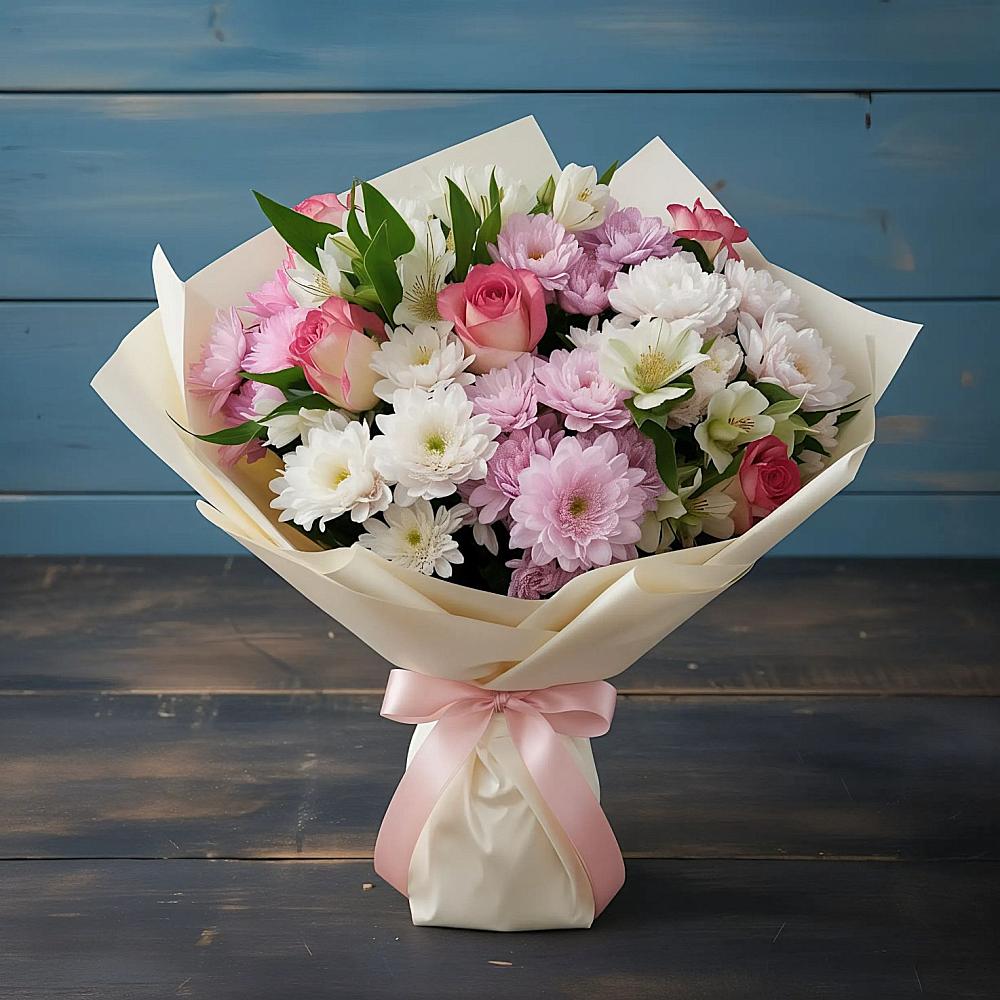 Букет цветов из: Хризантемы, Альстромерии и Розы в Электростали